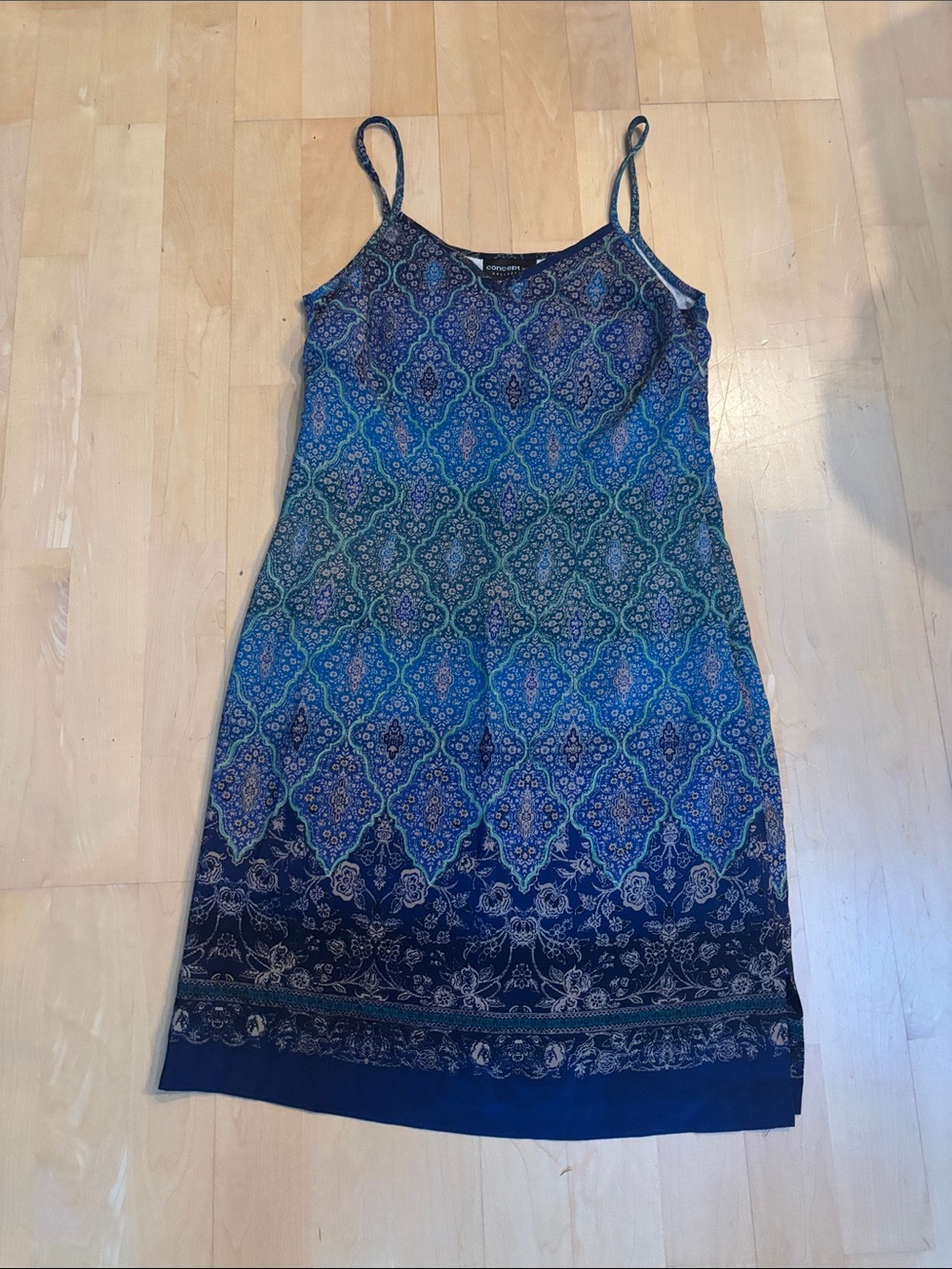 Blue Teal Printed Spaghetti-Strap Dress